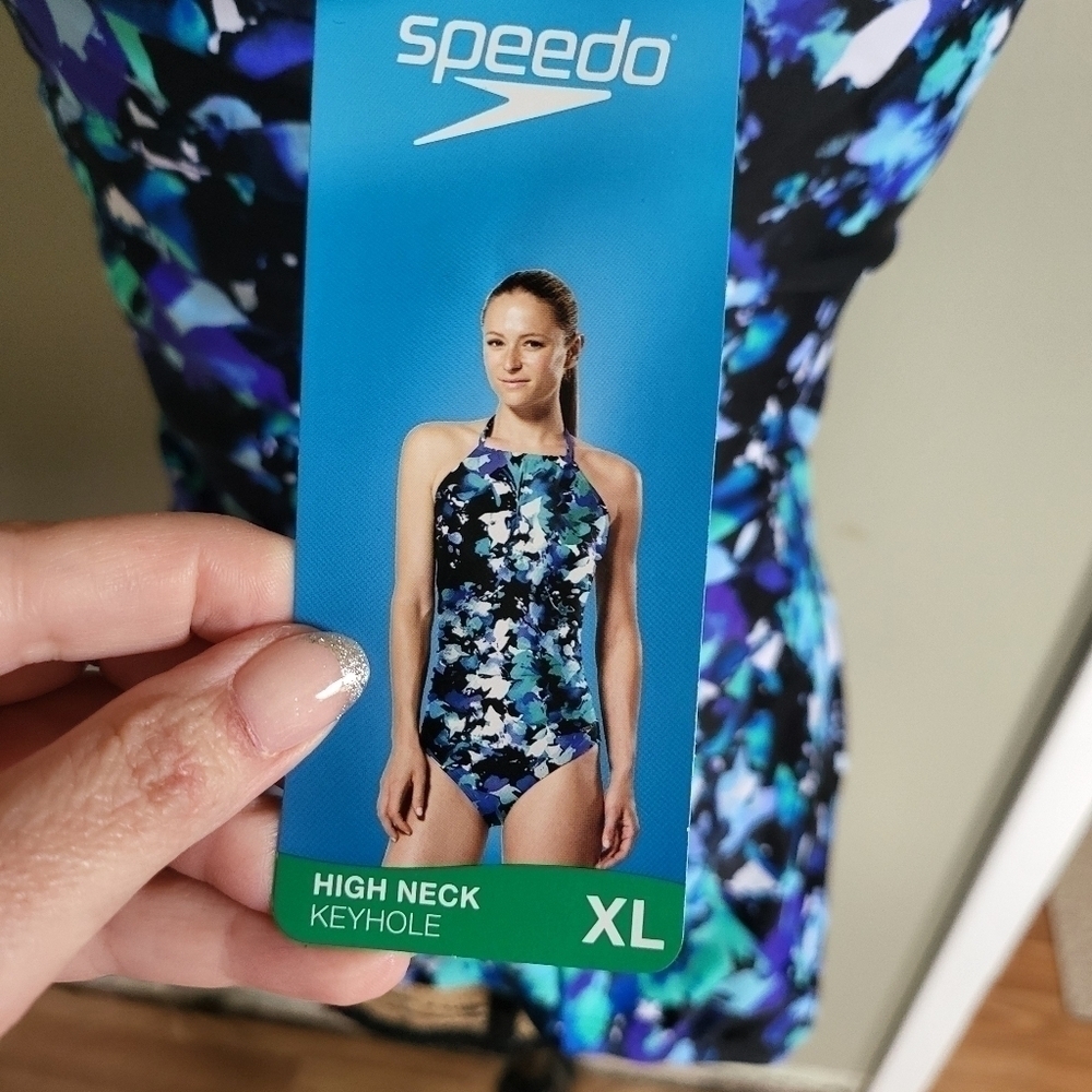 Speedo High Neck Keyhole Blue Floral NWT XL - Picture 4 of 6